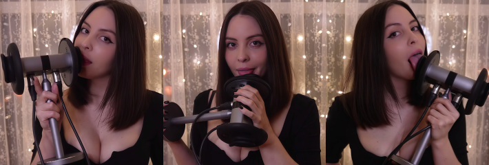 ASMR主播 MoonaHoshinova 身穿深V黑裙贴麦舔舐 低音灌耳助眠诱惑拉满