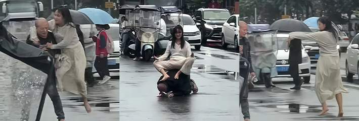 四川遂宁 男女马路中央打闹 龟男被骑在身上打坐 现场车流密集真不怕被撞